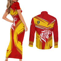 Malaysia Football Couples Matching Short Sleeve Bodycon Dress and Long Sleeve Button Shirt with Roaring Tiger and Red Yellow National Colors