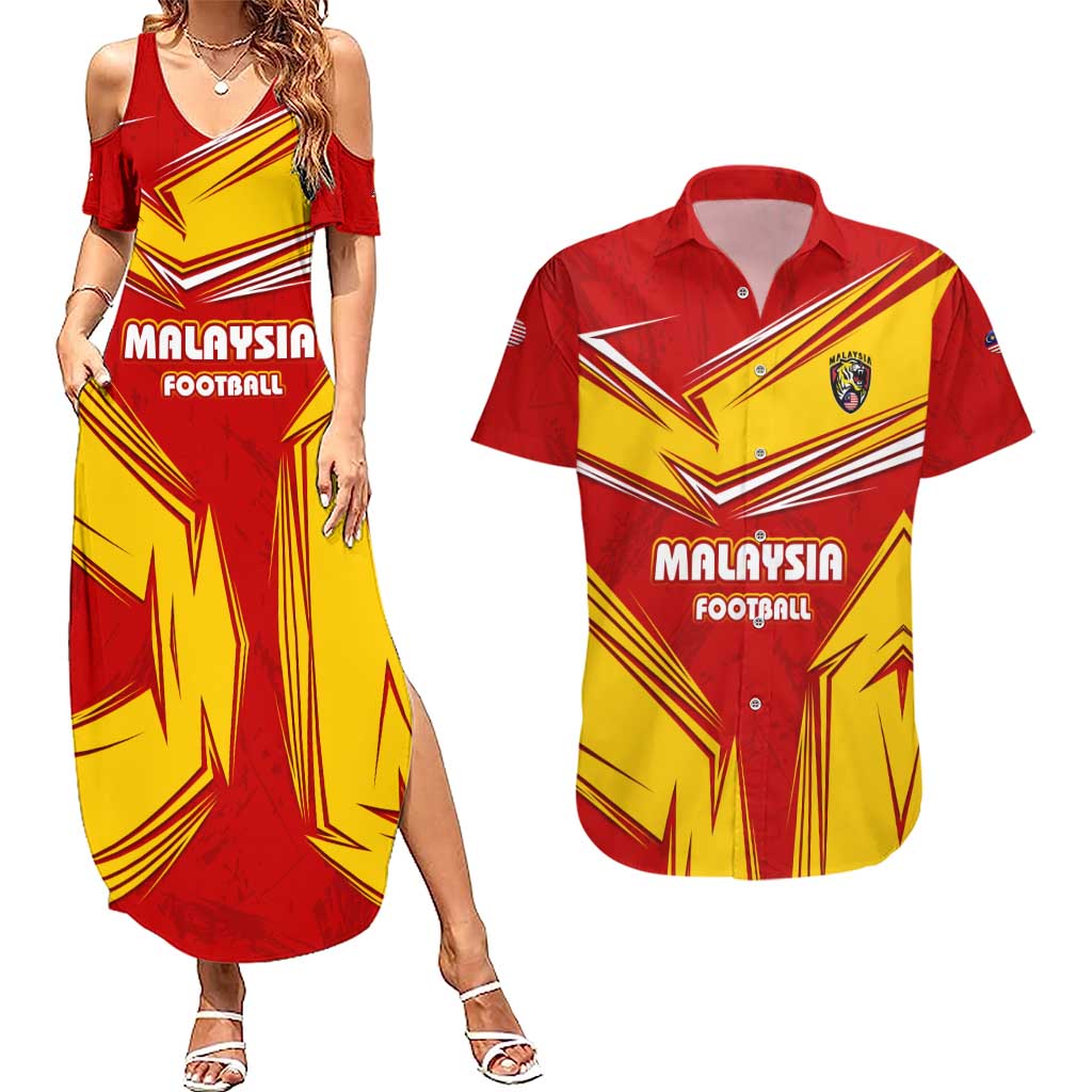 Malaysia Football Couples Matching Summer Maxi Dress and Hawaiian Shirt with Roaring Tiger and Red Yellow National Colors
