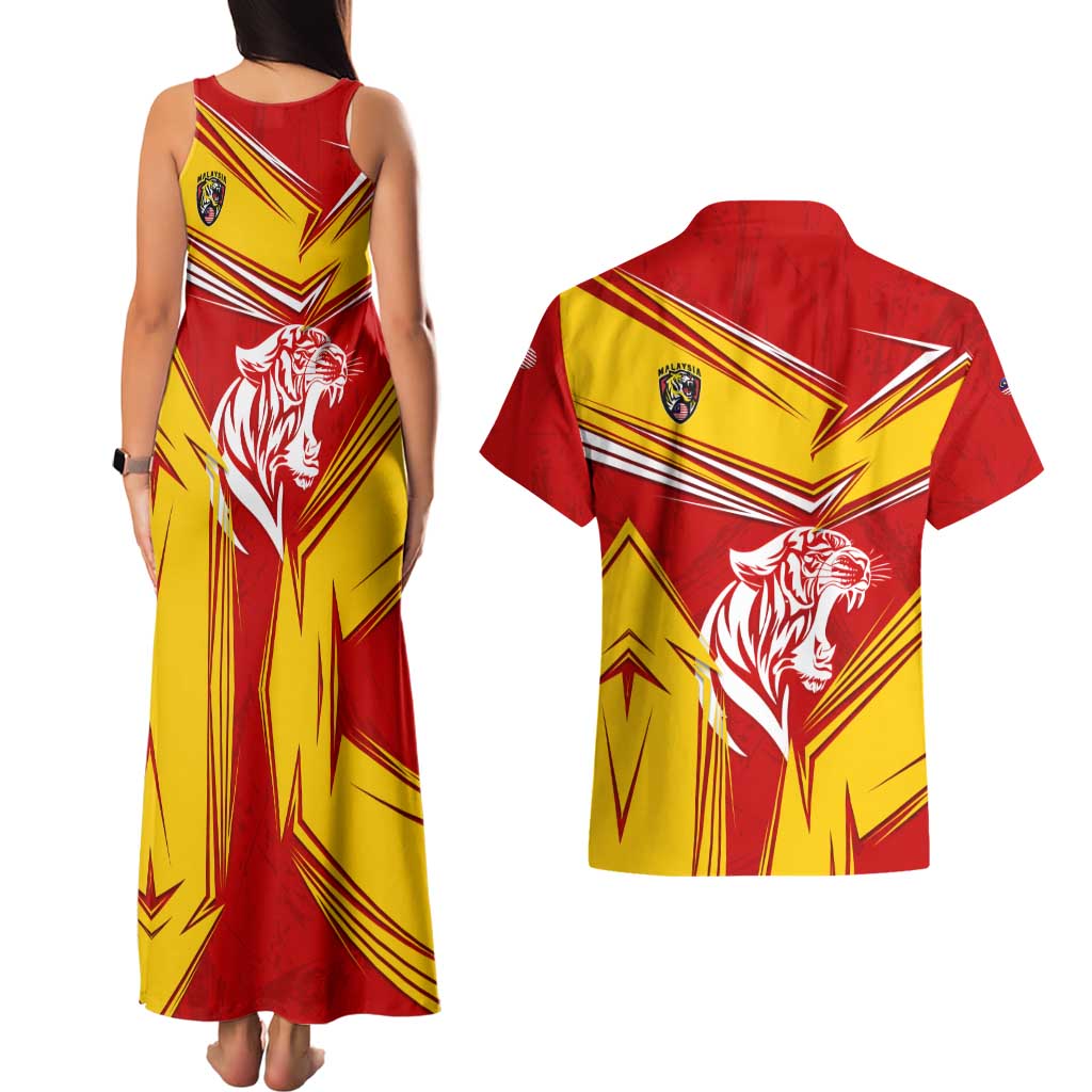 Malaysia Football Couples Matching Tank Maxi Dress and Hawaiian Shirt with Roaring Tiger and Red Yellow National Colors