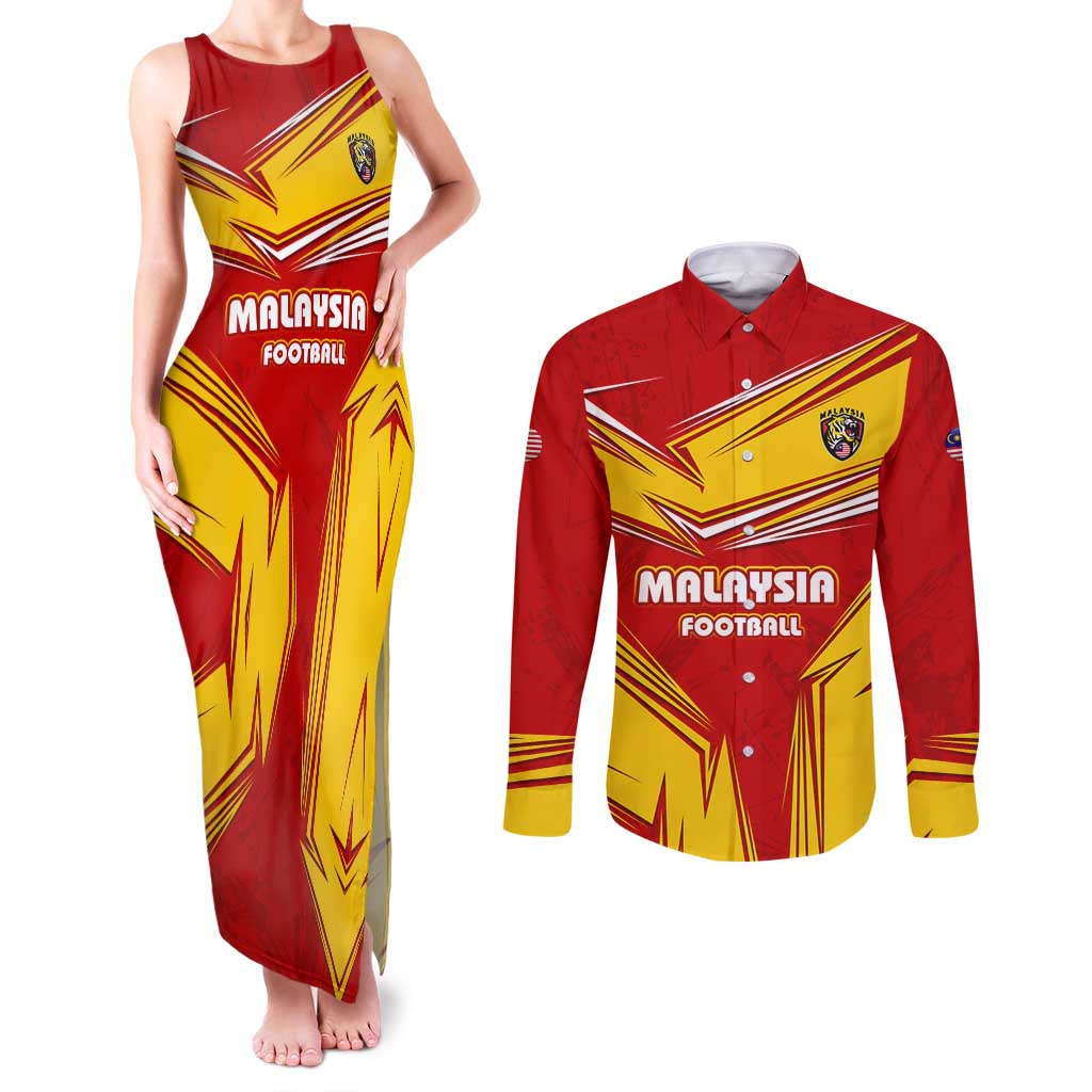 Malaysia Football Couples Matching Tank Maxi Dress and Long Sleeve Button Shirt with Roaring Tiger and Red Yellow National Colors