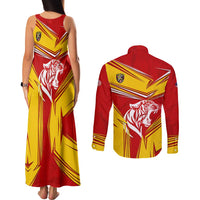 Malaysia Football Couples Matching Tank Maxi Dress and Long Sleeve Button Shirt with Roaring Tiger and Red Yellow National Colors