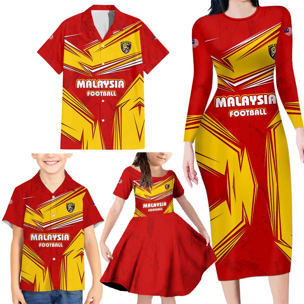 Malaysia Football Family Matching Long Sleeve Bodycon Dress and Hawaiian Shirt with Roaring Tiger and Red Yellow National Colors