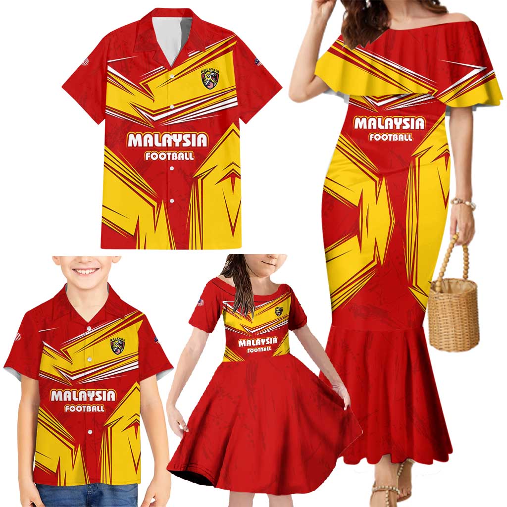 Malaysia Football Family Matching Mermaid Dress and Hawaiian Shirt with Roaring Tiger and Red Yellow National Colors