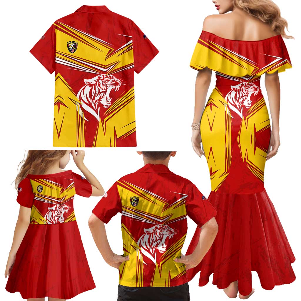 Malaysia Football Family Matching Mermaid Dress and Hawaiian Shirt with Roaring Tiger and Red Yellow National Colors