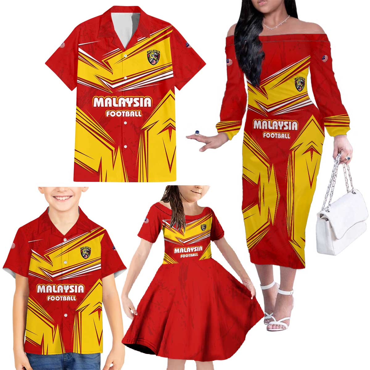 Malaysia Football Family Matching Off The Shoulder Long Sleeve Dress and Hawaiian Shirt with Roaring Tiger and Red Yellow National Colors