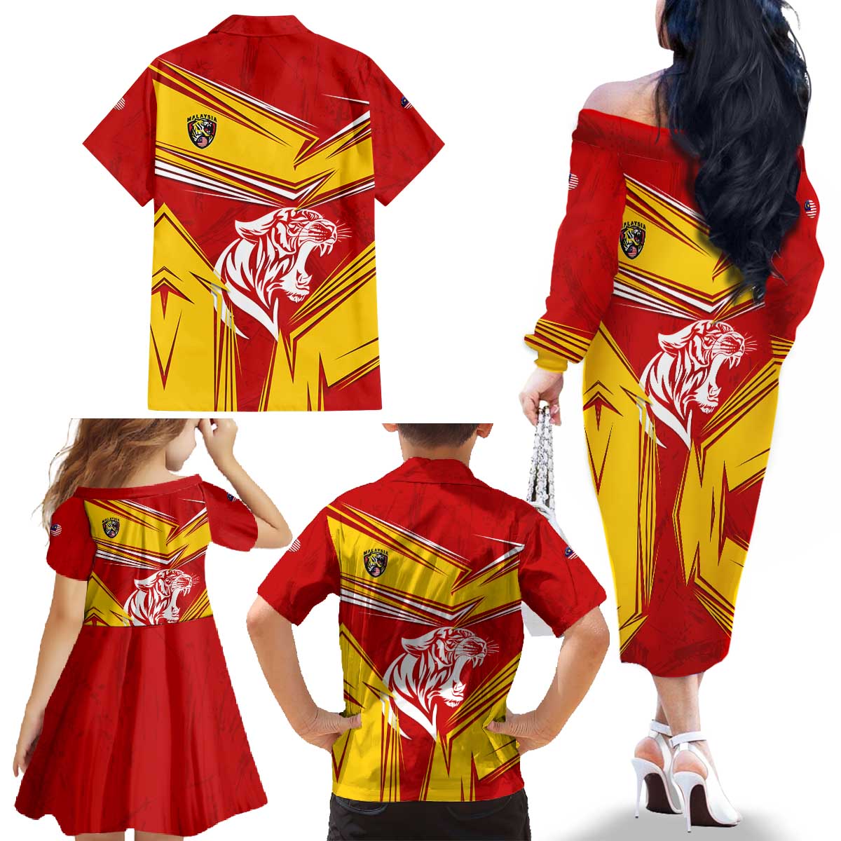 Malaysia Football Family Matching Off The Shoulder Long Sleeve Dress and Hawaiian Shirt with Roaring Tiger and Red Yellow National Colors