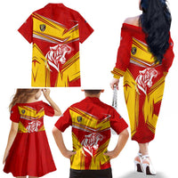 Malaysia Football Family Matching Off The Shoulder Long Sleeve Dress and Hawaiian Shirt with Roaring Tiger and Red Yellow National Colors