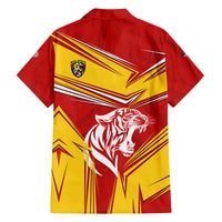 Malaysia Football Family Matching Off The Shoulder Long Sleeve Dress and Hawaiian Shirt with Roaring Tiger and Red Yellow National Colors