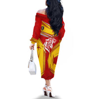 Malaysia Football Family Matching Off The Shoulder Long Sleeve Dress and Hawaiian Shirt with Roaring Tiger and Red Yellow National Colors