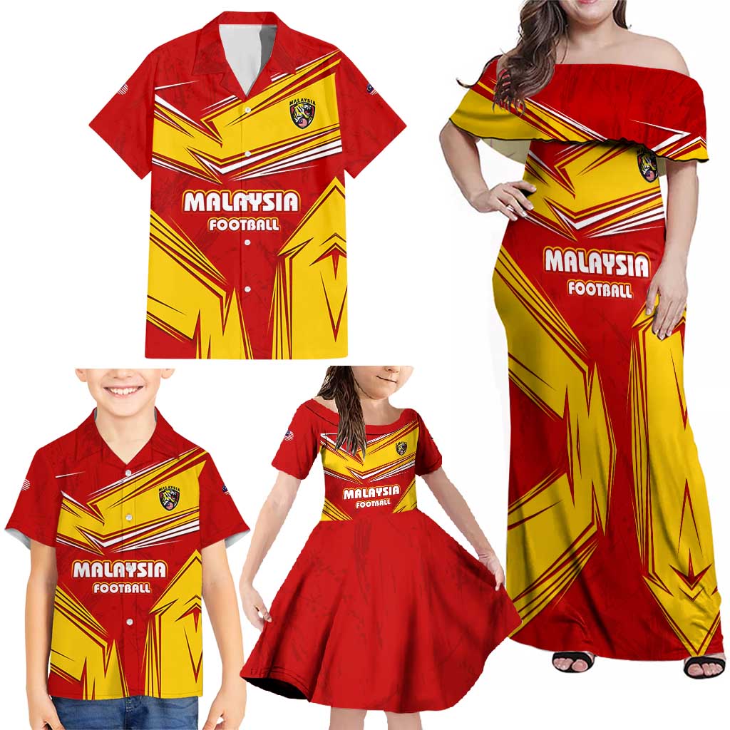 Malaysia Football Family Matching Off Shoulder Maxi Dress and Hawaiian Shirt with Roaring Tiger and Red Yellow National Colors