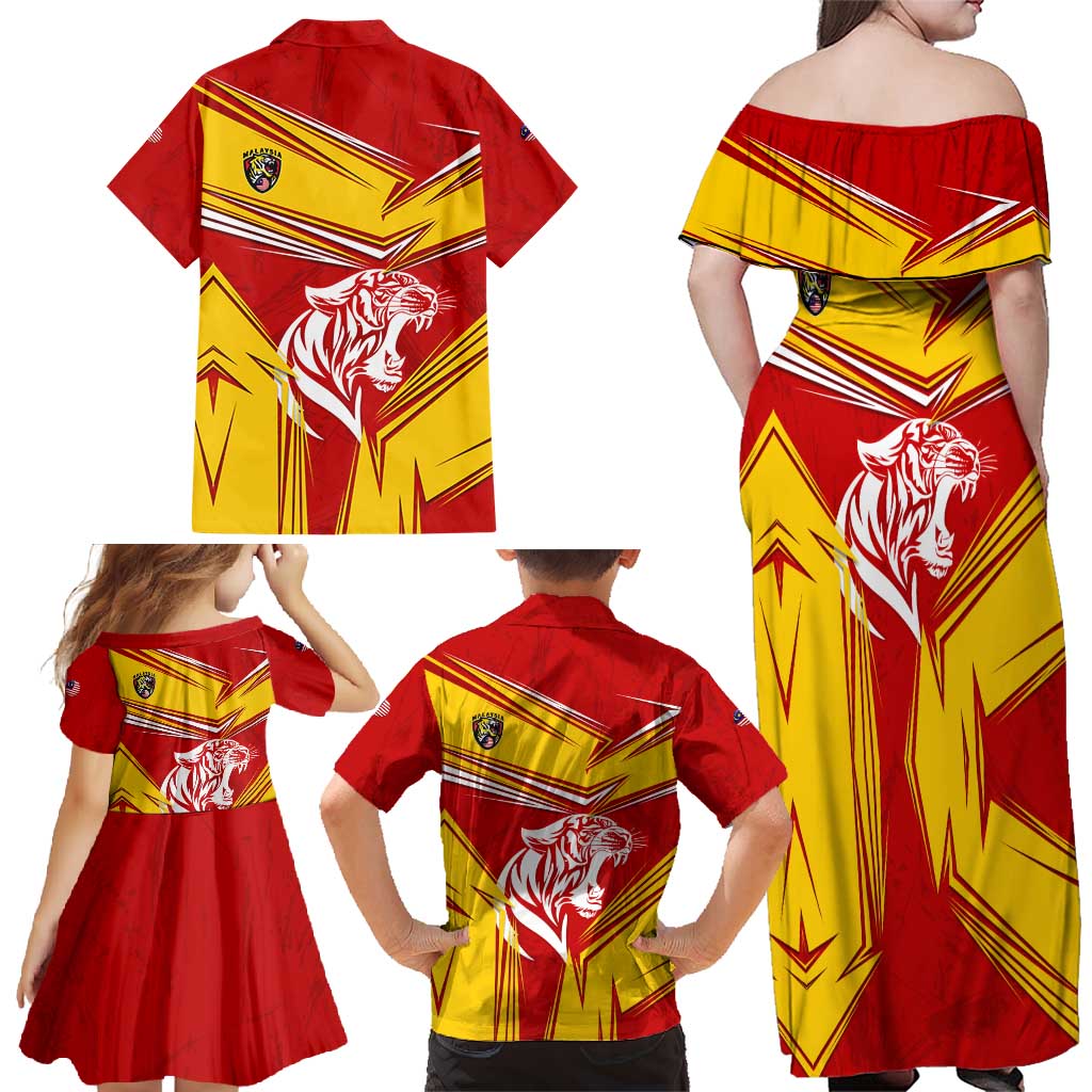 Malaysia Football Family Matching Off Shoulder Maxi Dress and Hawaiian Shirt with Roaring Tiger and Red Yellow National Colors