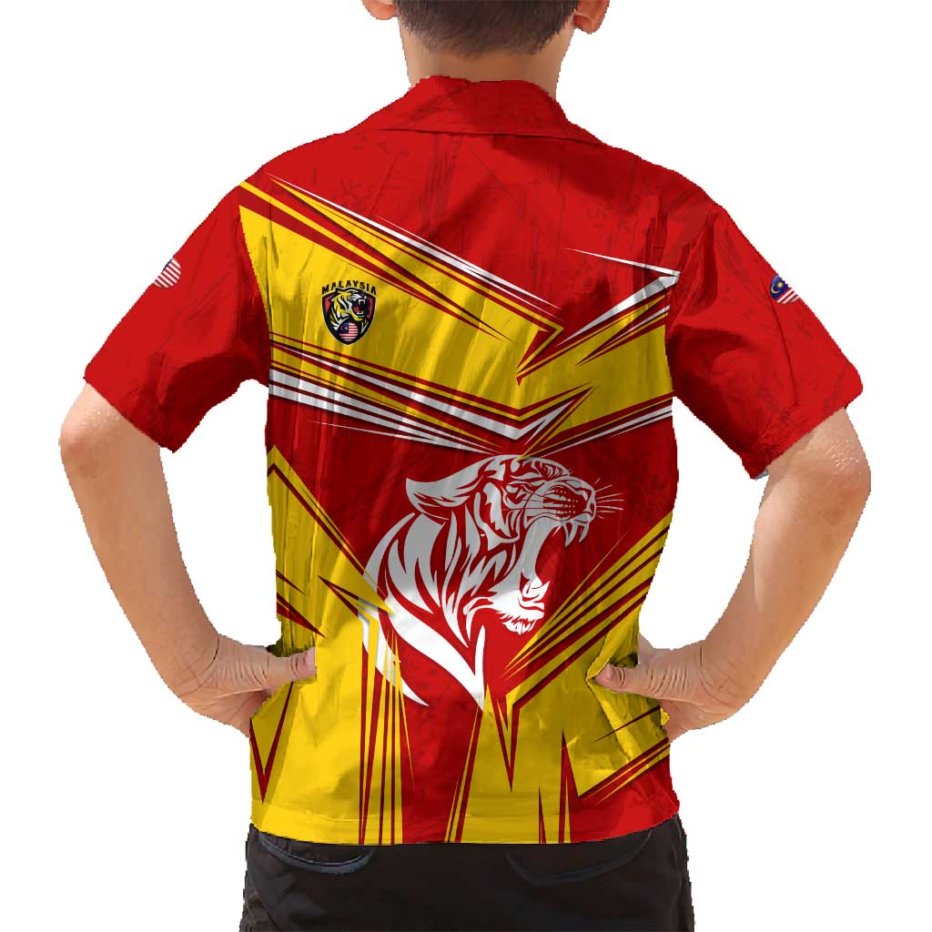 Malaysia Football Family Matching Off Shoulder Short Dress and Hawaiian Shirt with Roaring Tiger and Red Yellow National Colors
