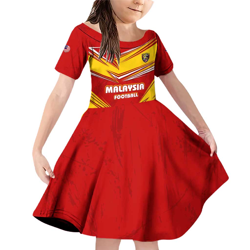 Malaysia Football Family Matching Off Shoulder Short Dress and Hawaiian Shirt with Roaring Tiger and Red Yellow National Colors