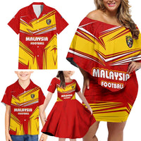 Malaysia Football Family Matching Off Shoulder Short Dress and Hawaiian Shirt with Roaring Tiger and Red Yellow National Colors