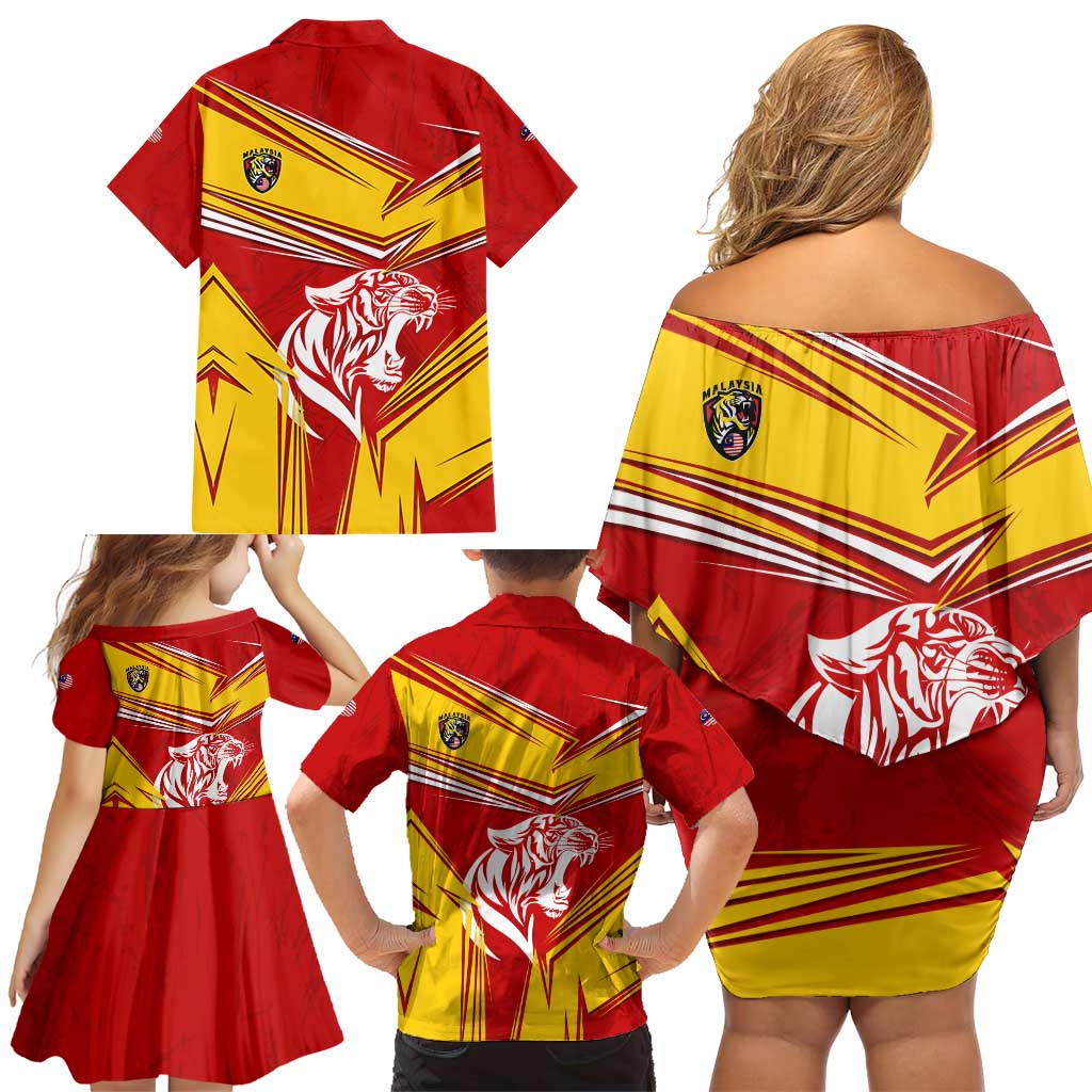 Malaysia Football Family Matching Off Shoulder Short Dress and Hawaiian Shirt with Roaring Tiger and Red Yellow National Colors