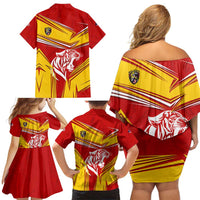 Malaysia Football Family Matching Off Shoulder Short Dress and Hawaiian Shirt with Roaring Tiger and Red Yellow National Colors