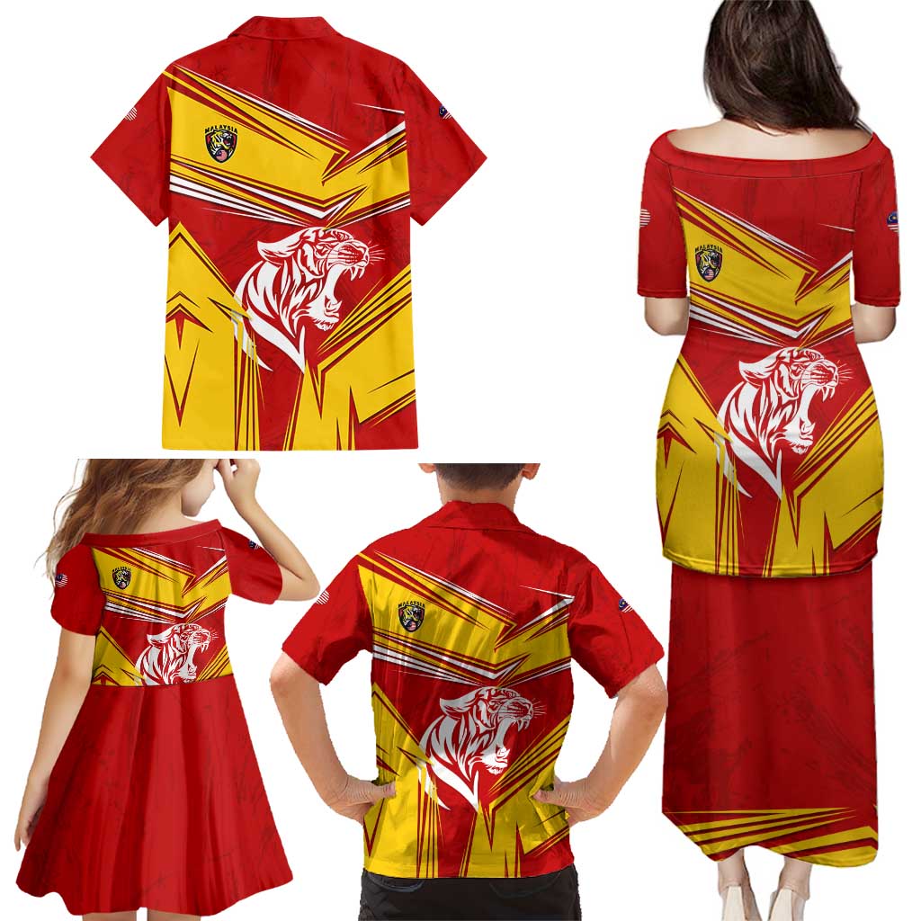 Malaysia Football Family Matching Puletasi and Hawaiian Shirt with Roaring Tiger and Red Yellow National Colors