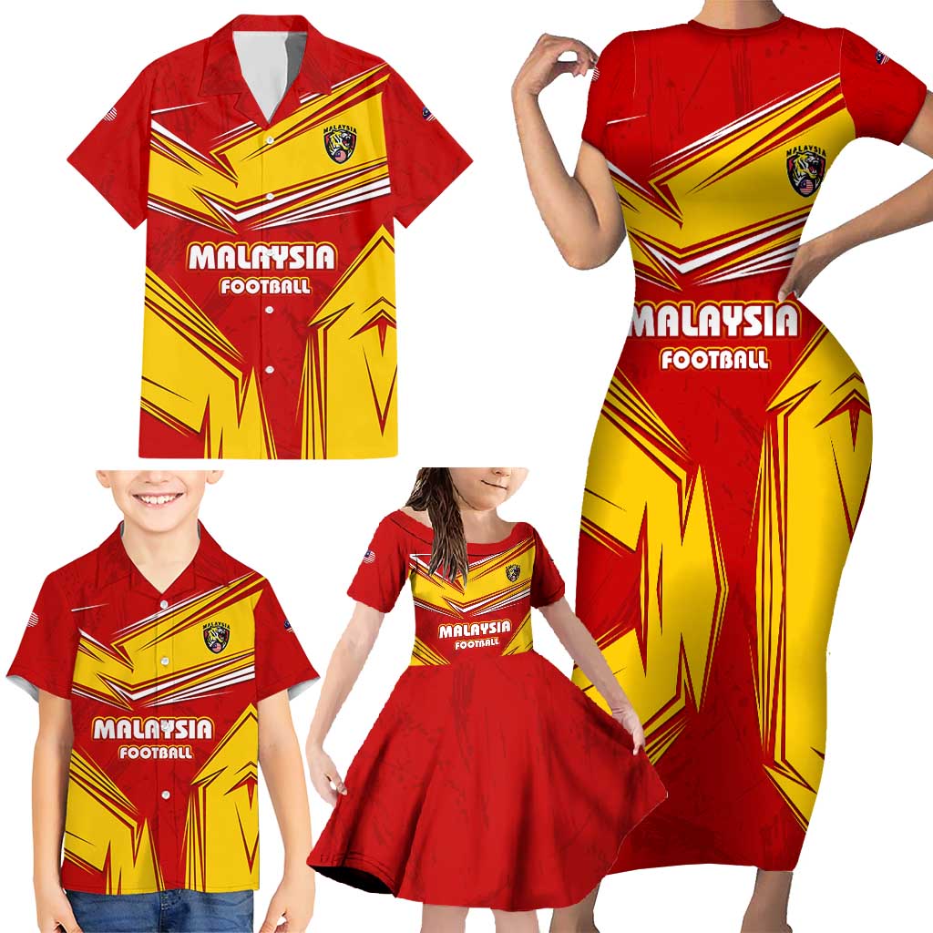 Malaysia Football Family Matching Short Sleeve Bodycon Dress and Hawaiian Shirt with Roaring Tiger and Red Yellow National Colors