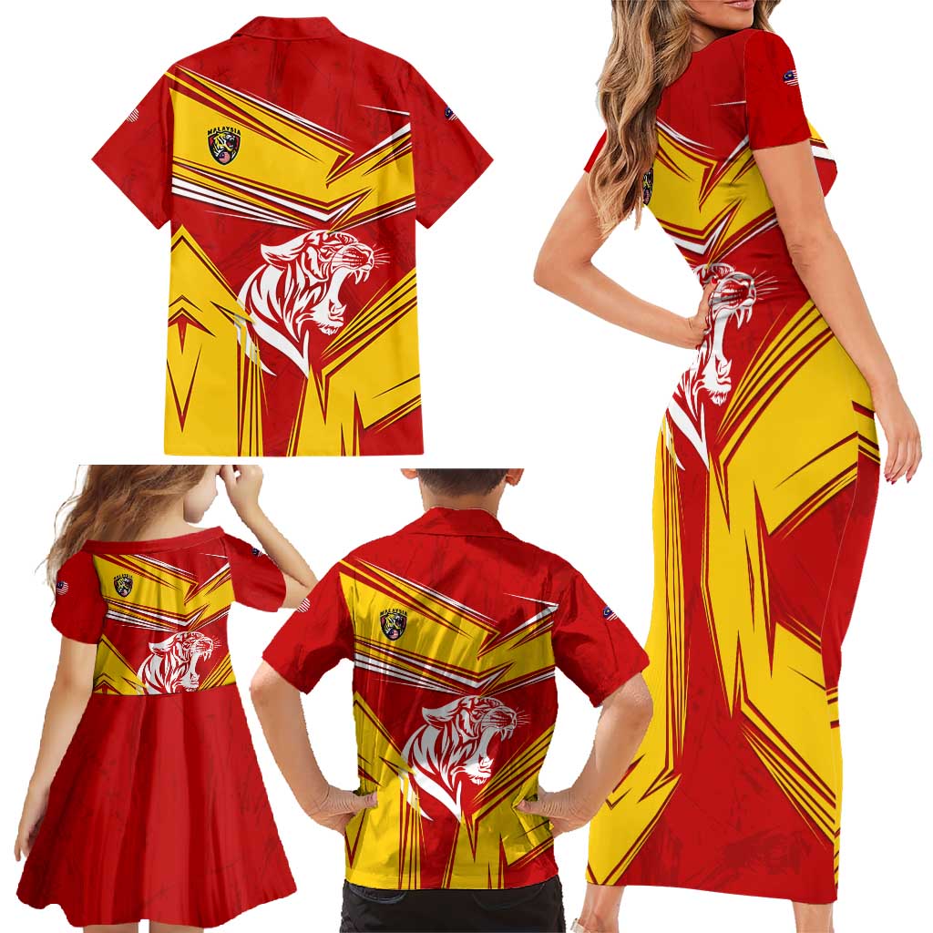Malaysia Football Family Matching Short Sleeve Bodycon Dress and Hawaiian Shirt with Roaring Tiger and Red Yellow National Colors