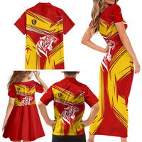 Malaysia Football Family Matching Short Sleeve Bodycon Dress and Hawaiian Shirt with Roaring Tiger and Red Yellow National Colors