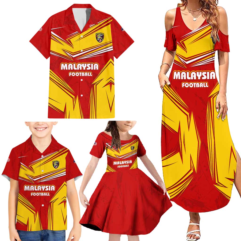 Malaysia Football Family Matching Summer Maxi Dress and Hawaiian Shirt with Roaring Tiger and Red Yellow National Colors
