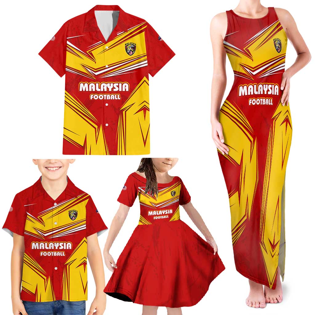 Malaysia Football Family Matching Tank Maxi Dress and Hawaiian Shirt with Roaring Tiger and Red Yellow National Colors