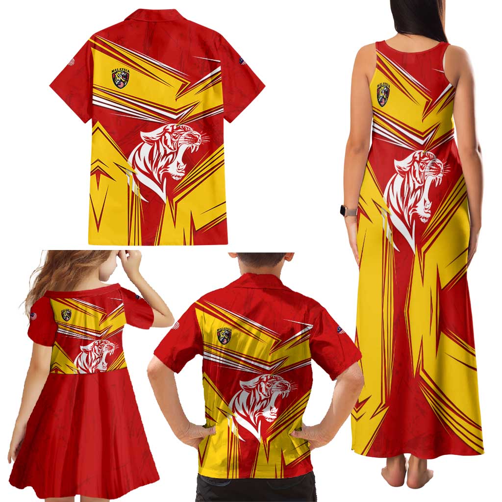 Malaysia Football Family Matching Tank Maxi Dress and Hawaiian Shirt with Roaring Tiger and Red Yellow National Colors