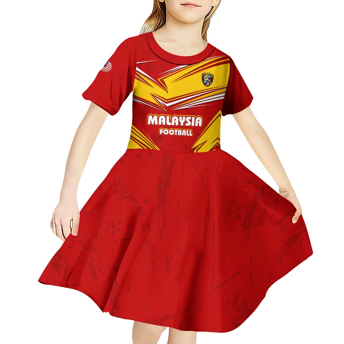 Malaysia Football Kid Short Sleeve Dress with Roaring Tiger and Red Yellow National Colors