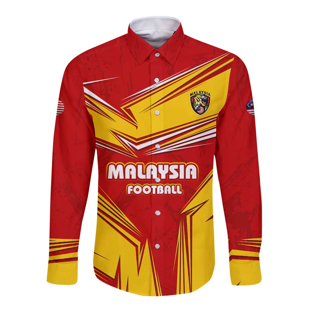 Malaysia Football Long Sleeve Button Shirt with Roaring Tiger and Red Yellow National Colors