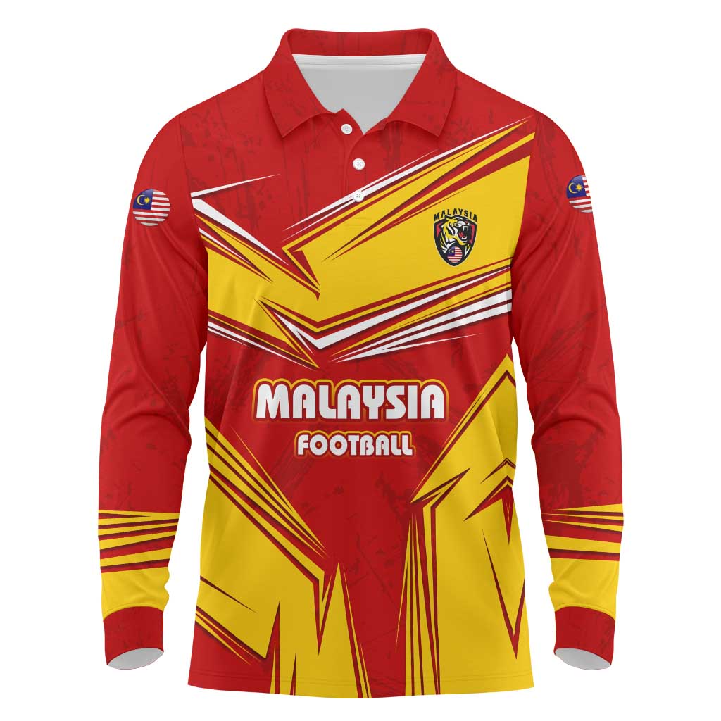 Malaysia Football Long Sleeve Polo Shirt with Roaring Tiger and Red Yellow National Colors