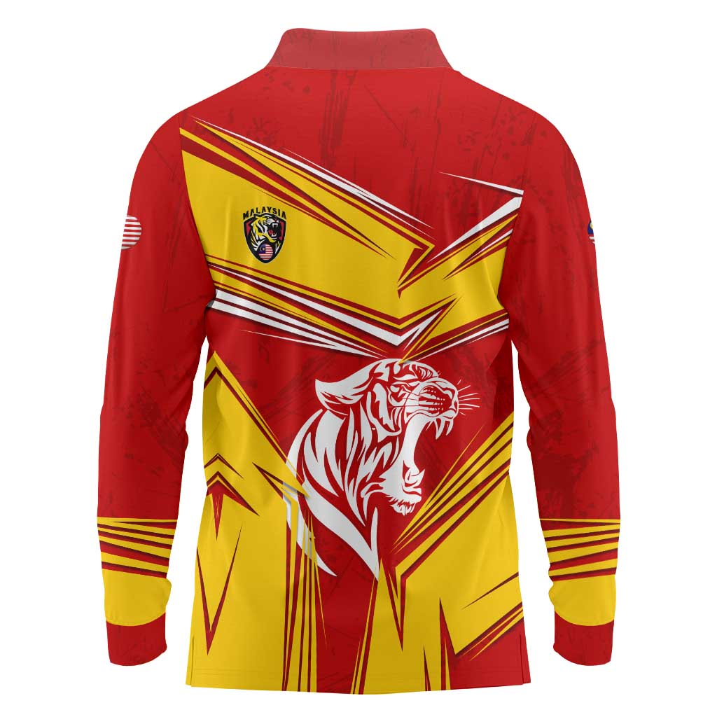 Malaysia Football Long Sleeve Polo Shirt with Roaring Tiger and Red Yellow National Colors