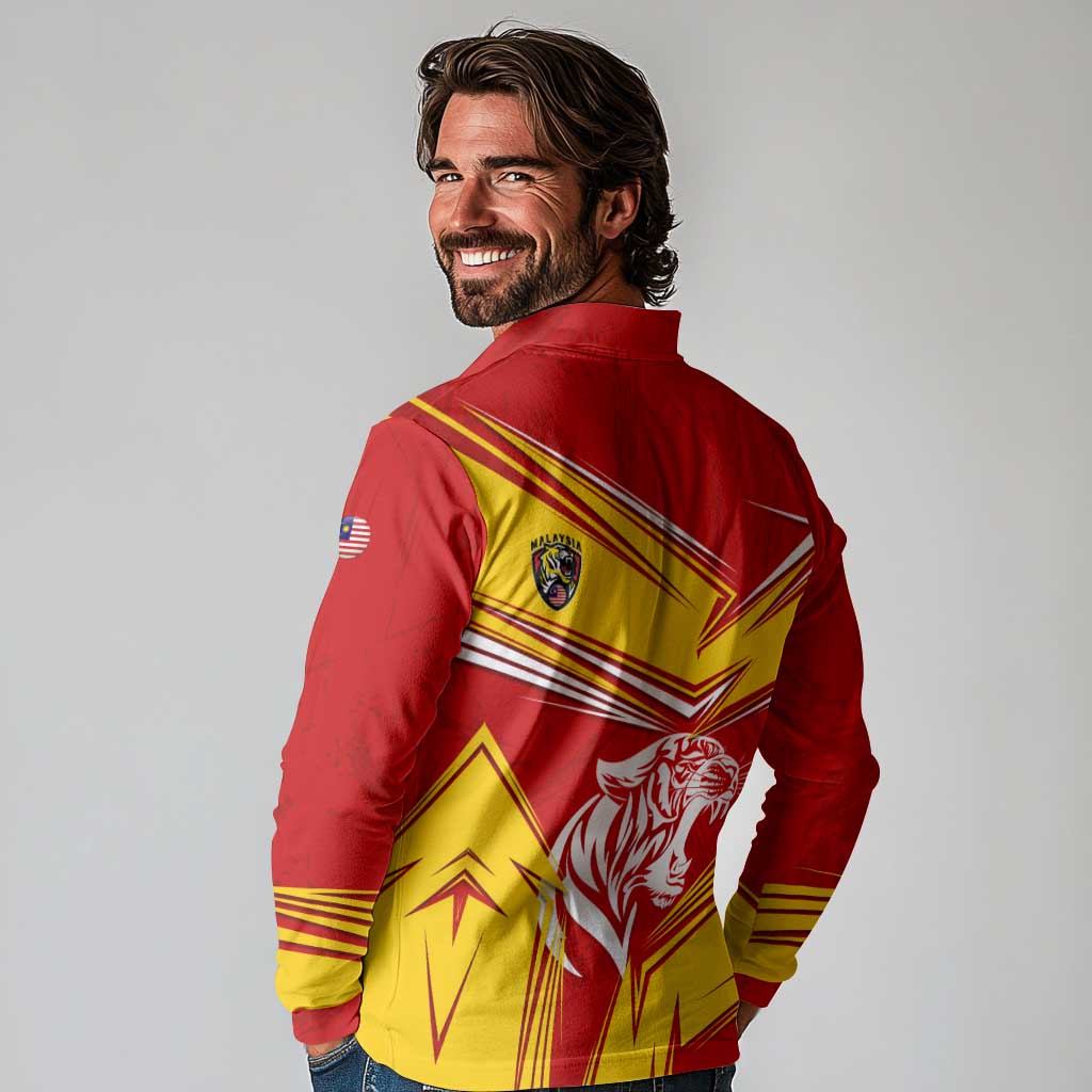 Malaysia Football Long Sleeve Polo Shirt with Roaring Tiger and Red Yellow National Colors