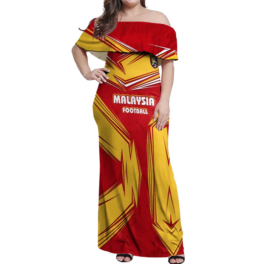 Malaysia Football Off Shoulder Maxi Dress with Roaring Tiger and Red Yellow National Colors