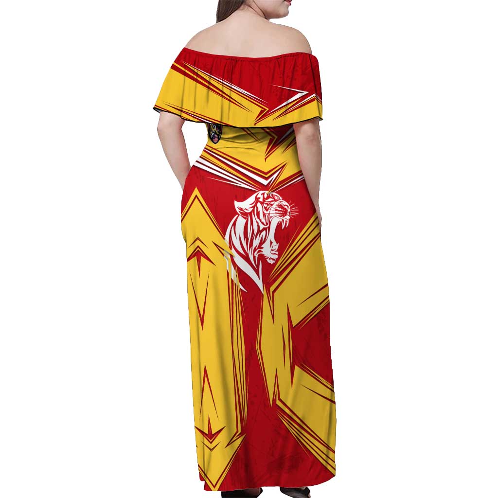 Malaysia Football Off Shoulder Maxi Dress with Roaring Tiger and Red Yellow National Colors