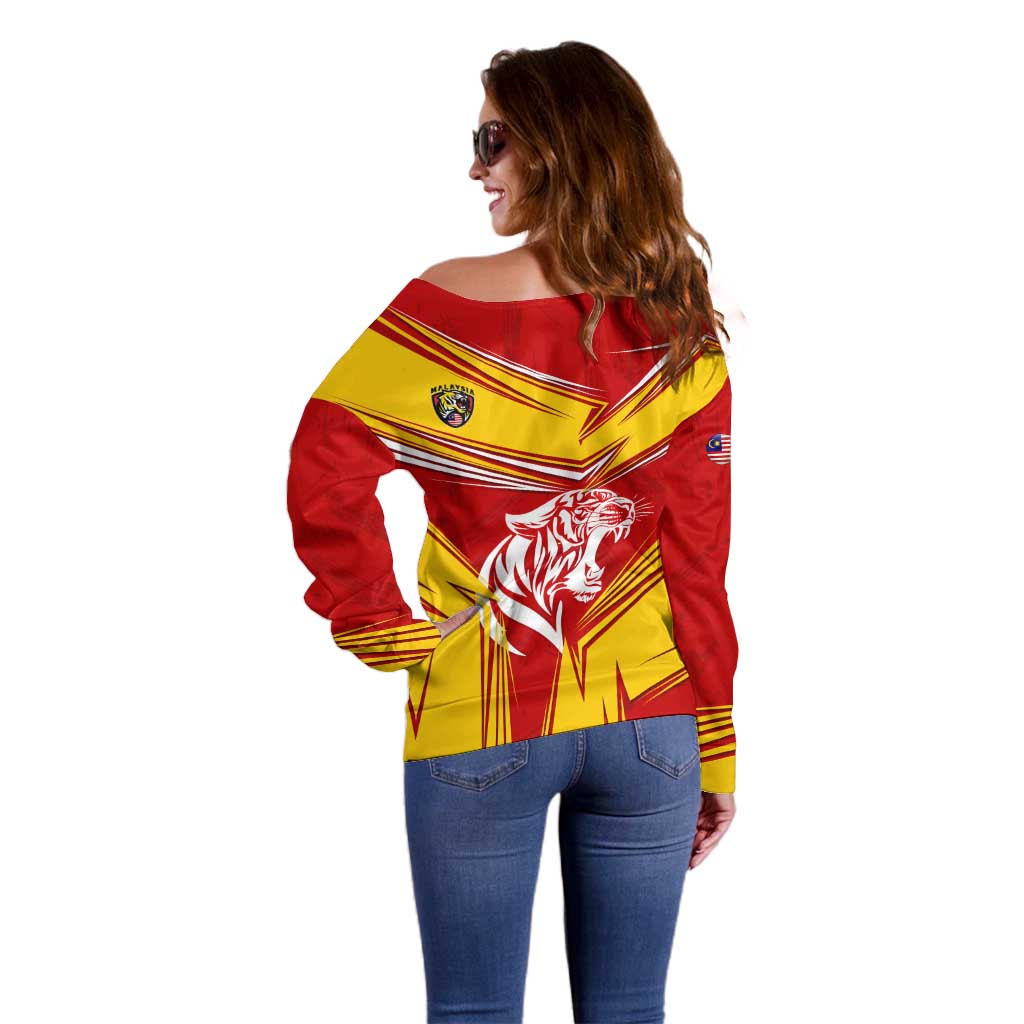 Malaysia Football Off Shoulder Sweater with Roaring Tiger and Red Yellow National Colors