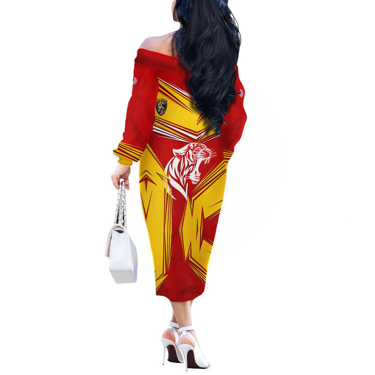 Malaysia Football Off The Shoulder Long Sleeve Dress with Roaring Tiger and Red Yellow National Colors