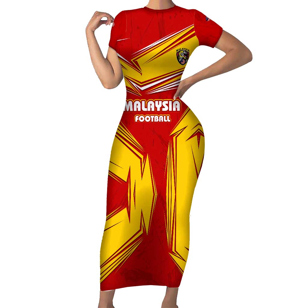 Malaysia Football Short Sleeve Bodycon Dress with Roaring Tiger and Red Yellow National Colors