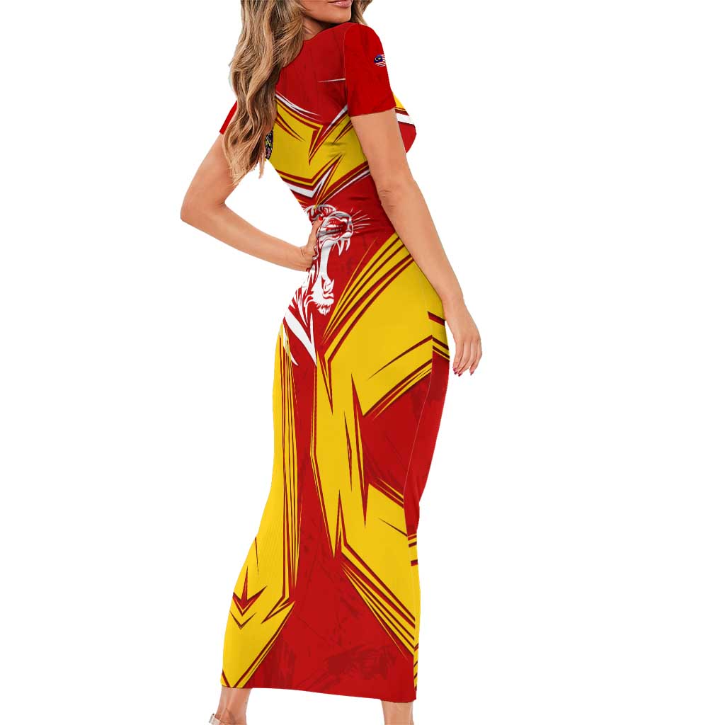 Malaysia Football Short Sleeve Bodycon Dress with Roaring Tiger and Red Yellow National Colors