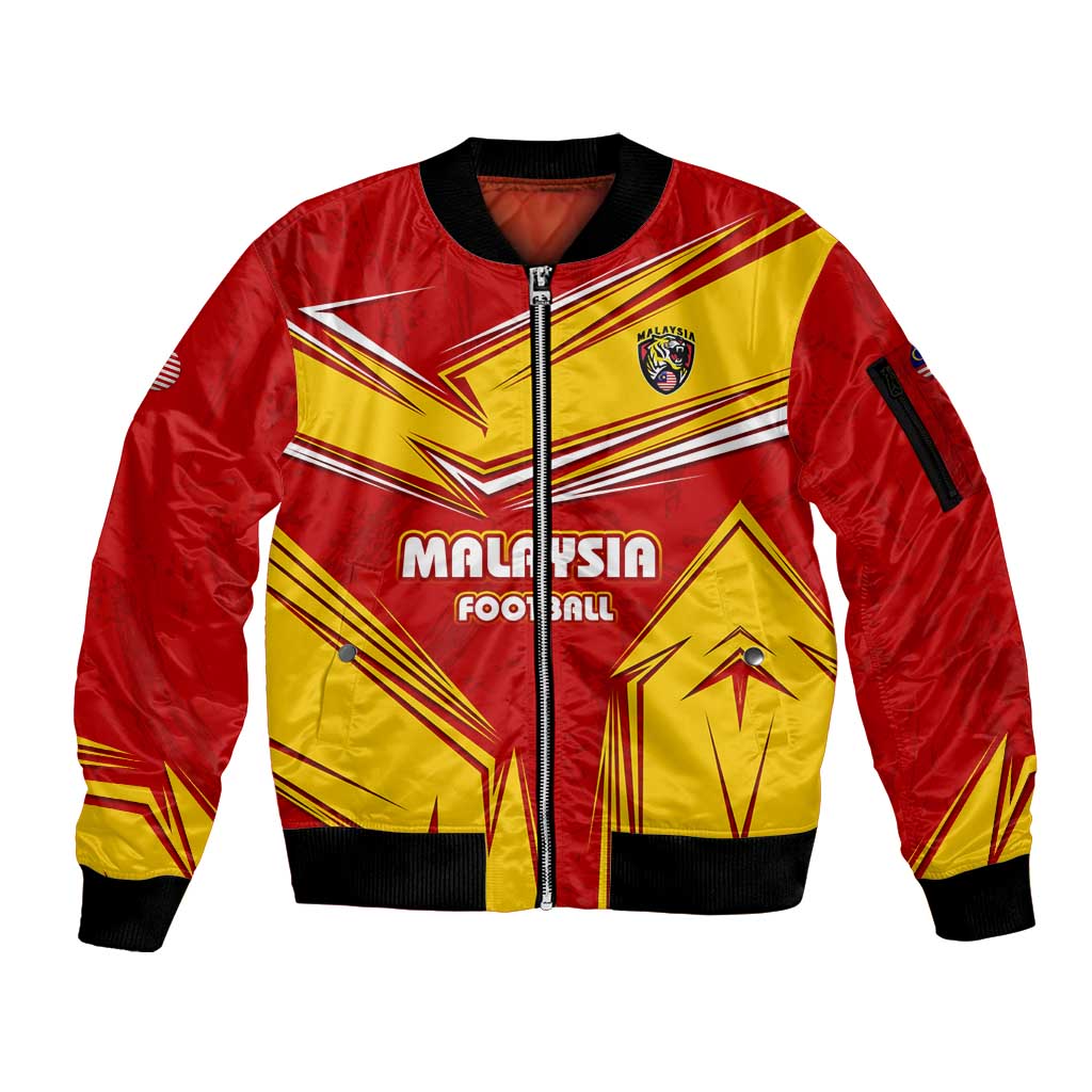 Malaysia Football Sleeve Zip Bomber Jacket with Roaring Tiger and Red Yellow National Colors