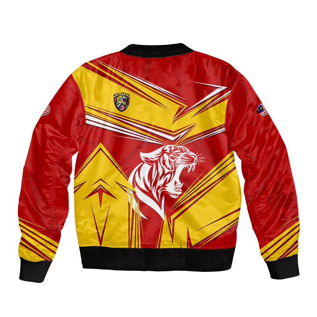 Malaysia Football Sleeve Zip Bomber Jacket with Roaring Tiger and Red Yellow National Colors