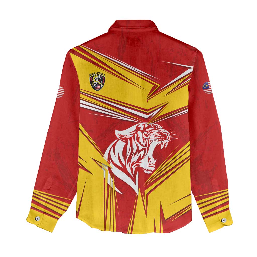 Malaysia Football Women Casual Shirt with Roaring Tiger and Red Yellow National Colors