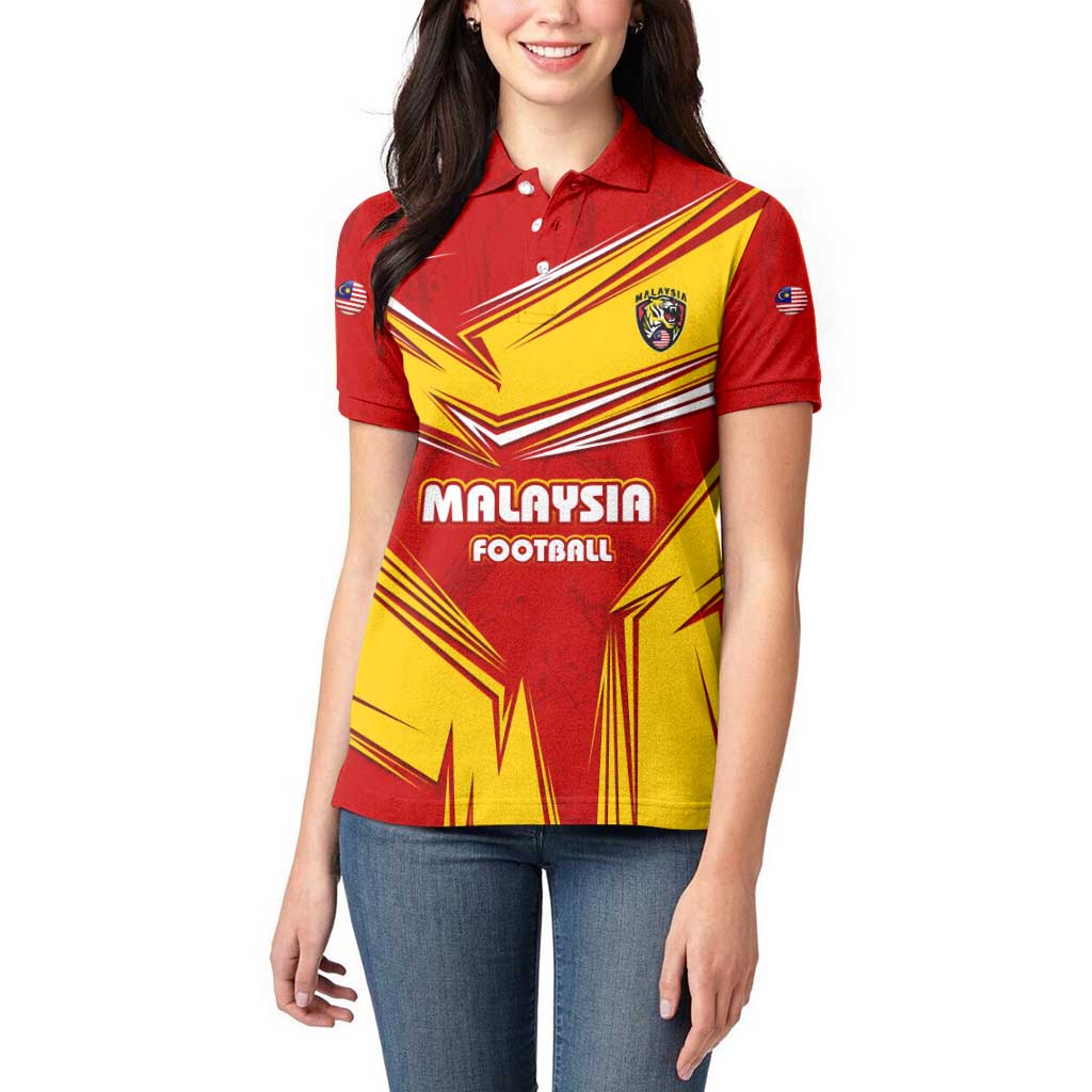 Malaysia Football Women Polo Shirt with Roaring Tiger and Red Yellow National Colors