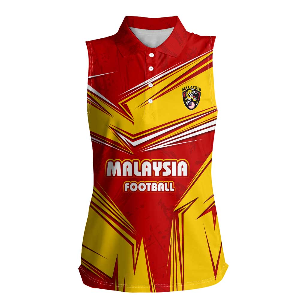 Malaysia Football Women Sleeveless Polo Shirt with Roaring Tiger and Red Yellow National Colors