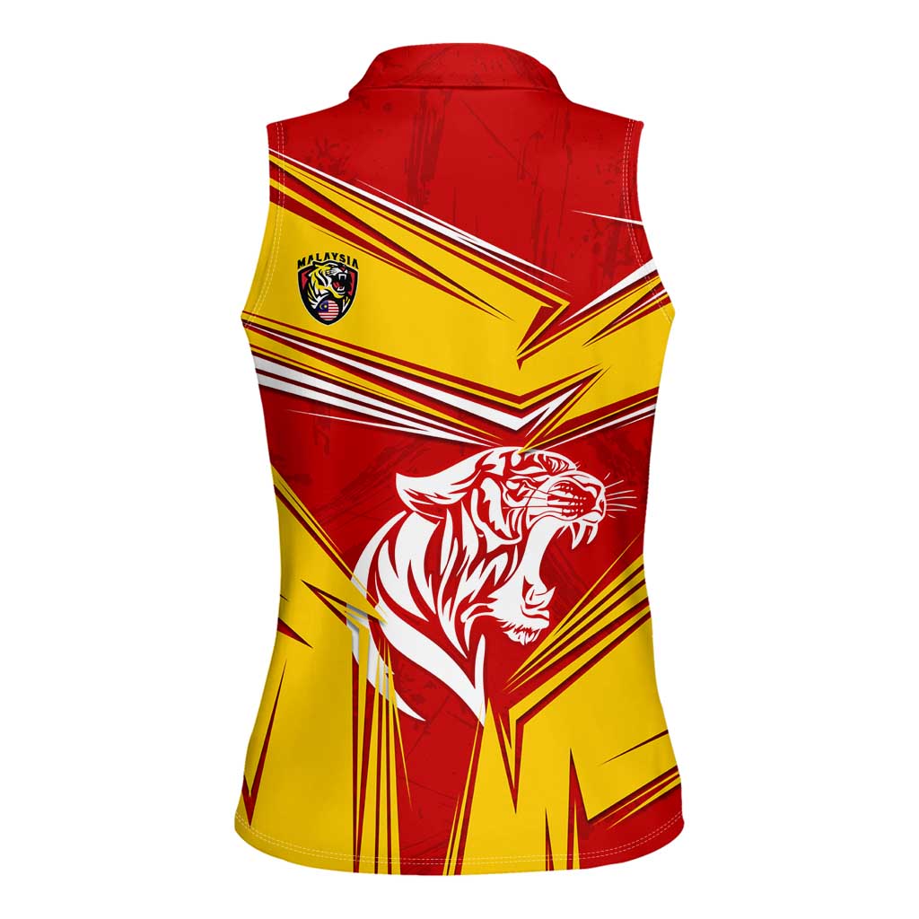 Malaysia Football Women Sleeveless Polo Shirt with Roaring Tiger and Red Yellow National Colors