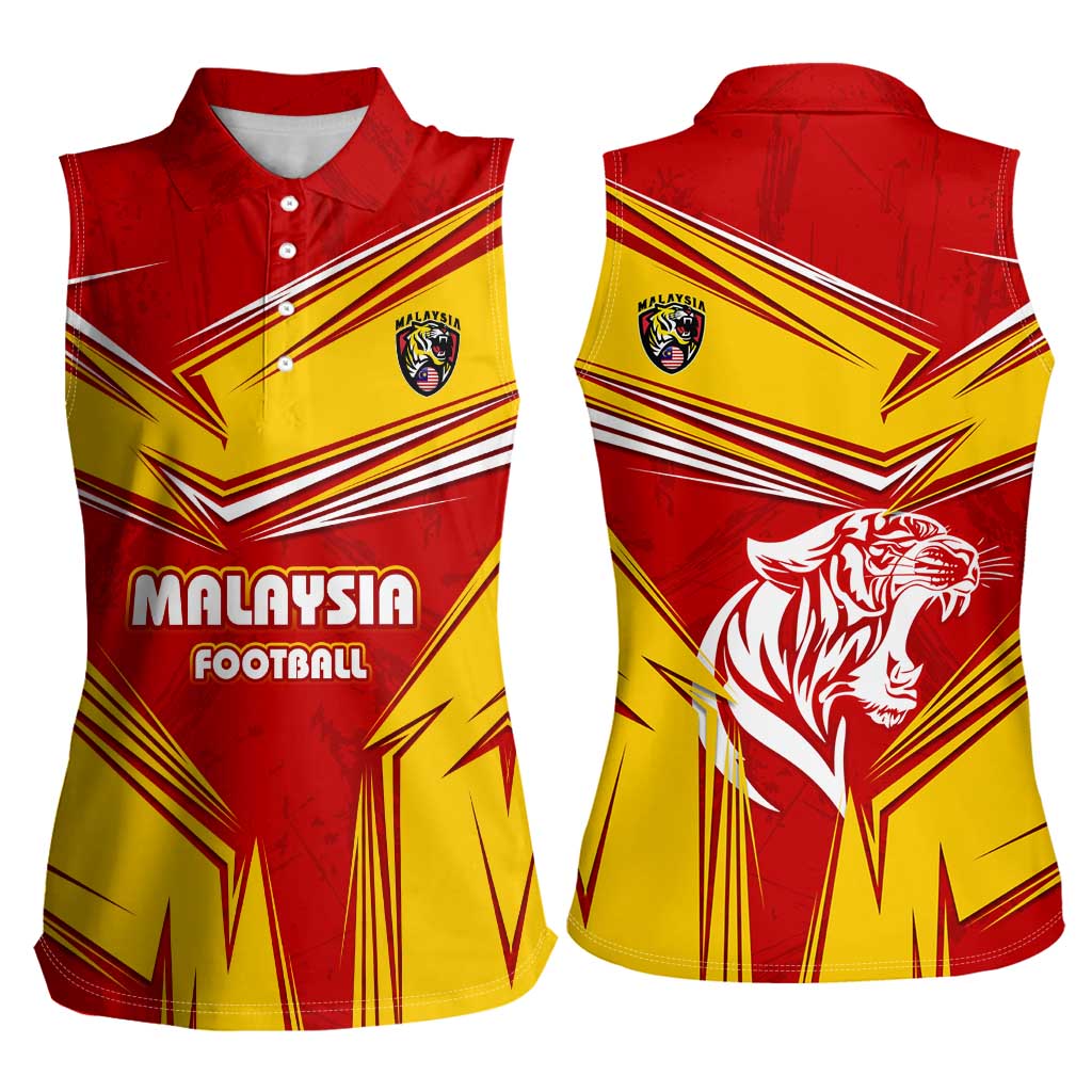 Malaysia Football Women Sleeveless Polo Shirt with Roaring Tiger and Red Yellow National Colors