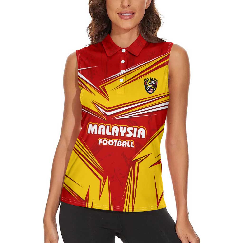 Malaysia Football Women Sleeveless Polo Shirt with Roaring Tiger and Red Yellow National Colors