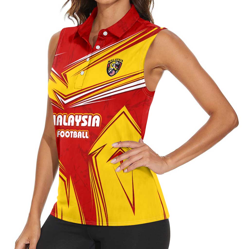 Malaysia Football Women Sleeveless Polo Shirt with Roaring Tiger and Red Yellow National Colors