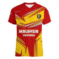 Malaysia Football Women V-Neck T-Shirt with Roaring Tiger and Red Yellow National Colors