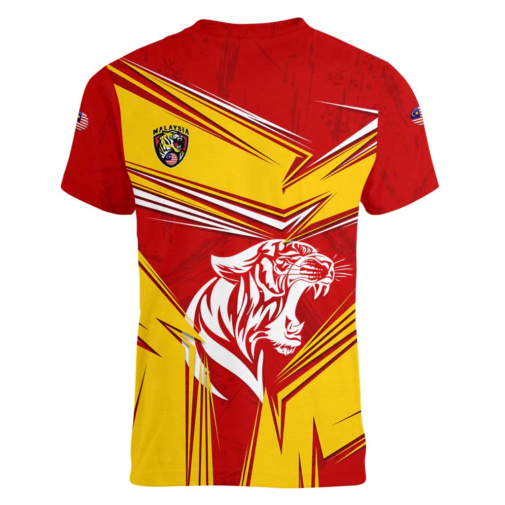 Malaysia Football Women V-Neck T-Shirt with Roaring Tiger and Red Yellow National Colors