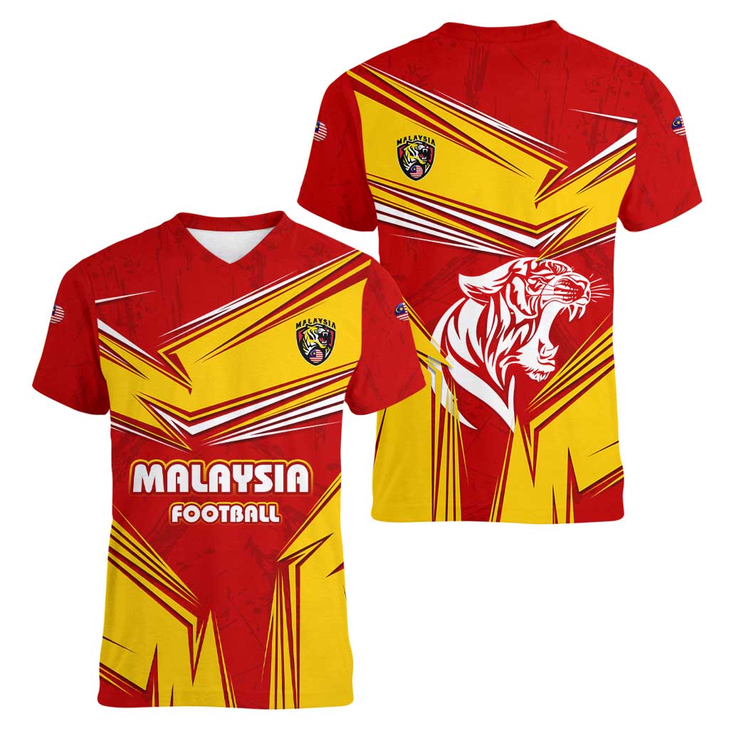 Malaysia Football Women V-Neck T-Shirt with Roaring Tiger and Red Yellow National Colors